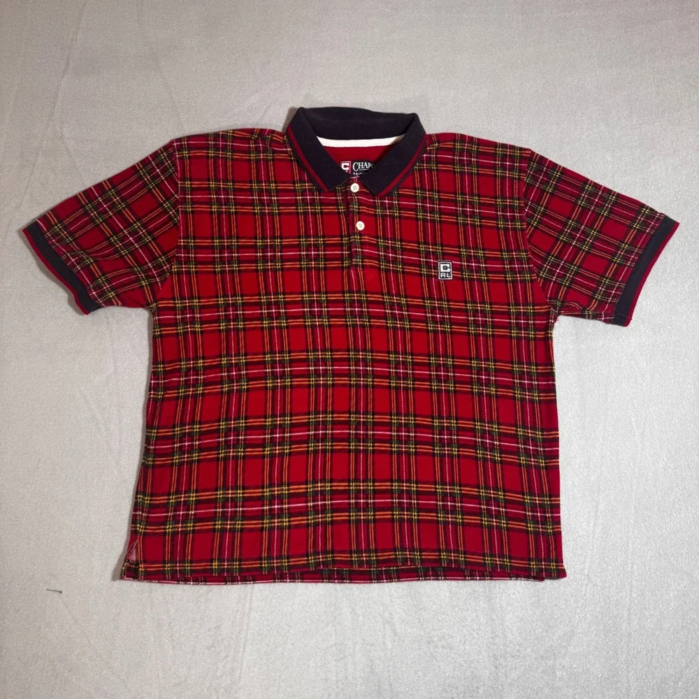 VNTG Chaps Ralph Lauren Mens XL Red Plaid Polo Shirt Short Sleeve Pique Logo